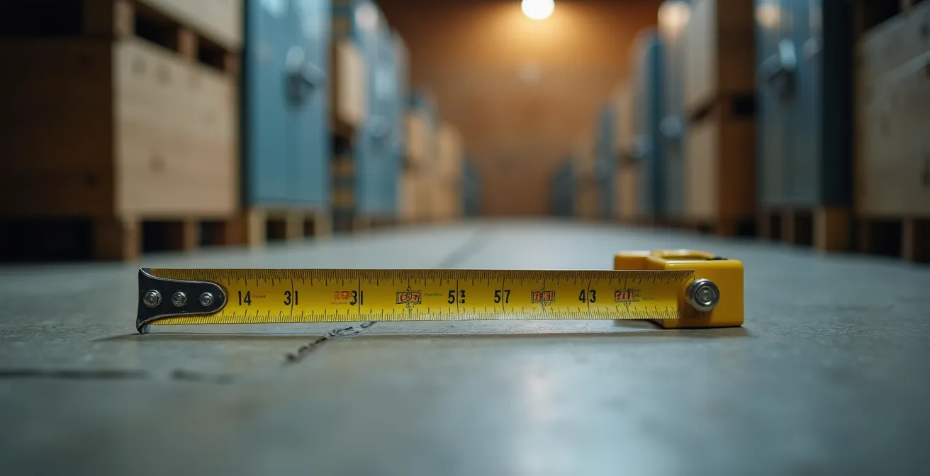 Ruban à mesurer déployé dans un espace vide avec surfaces et textures visibles
