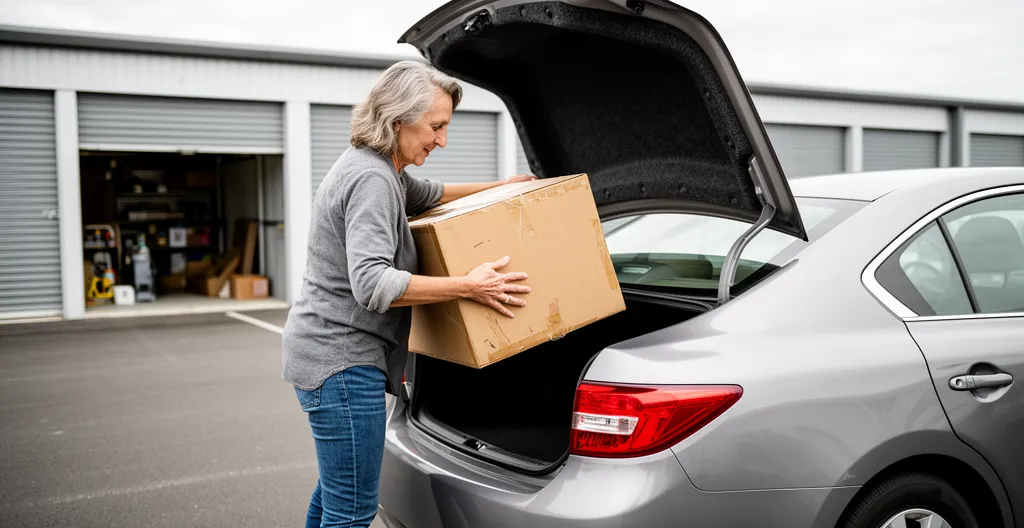 Personne chargeant des cartons dans son véhicule devant un centre de stockage