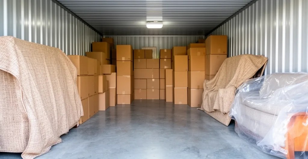 Intérieur d'un box de stockage avec cartons et meubles bien rangés