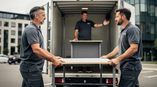 Équipe de déménageurs professionnels chargeant du mobilier de bureau dans un camion à Montauban