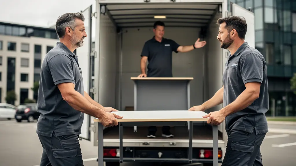 Équipe de déménageurs professionnels chargeant du mobilier de bureau dans un camion à Montauban
