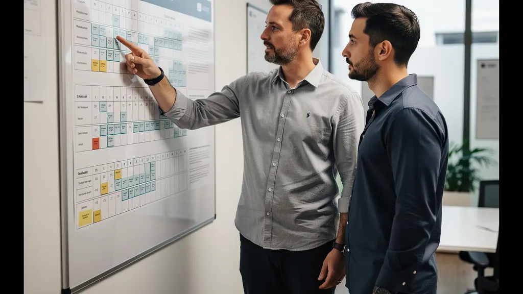 Réunion de coordination entre dirigeant et responsable déménagement devant un planning dans un bureau à Montauban